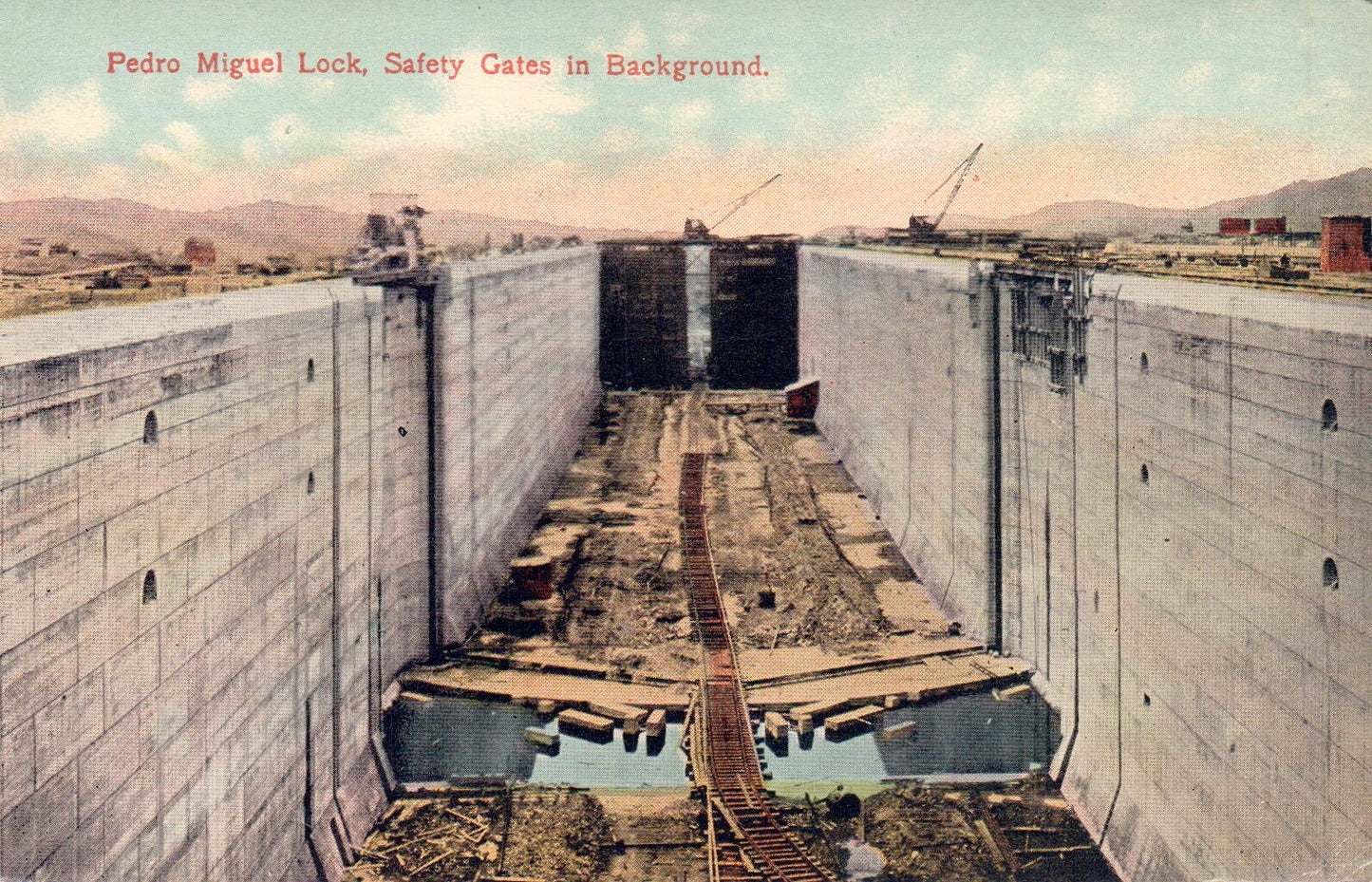 Pedro Miguel Lock Safety Gates in Background Vintage Panama Postcard