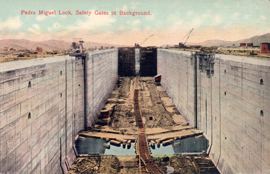 Pedro Miguel Lock Safety Gates in Background Vintage Panama Postcard
