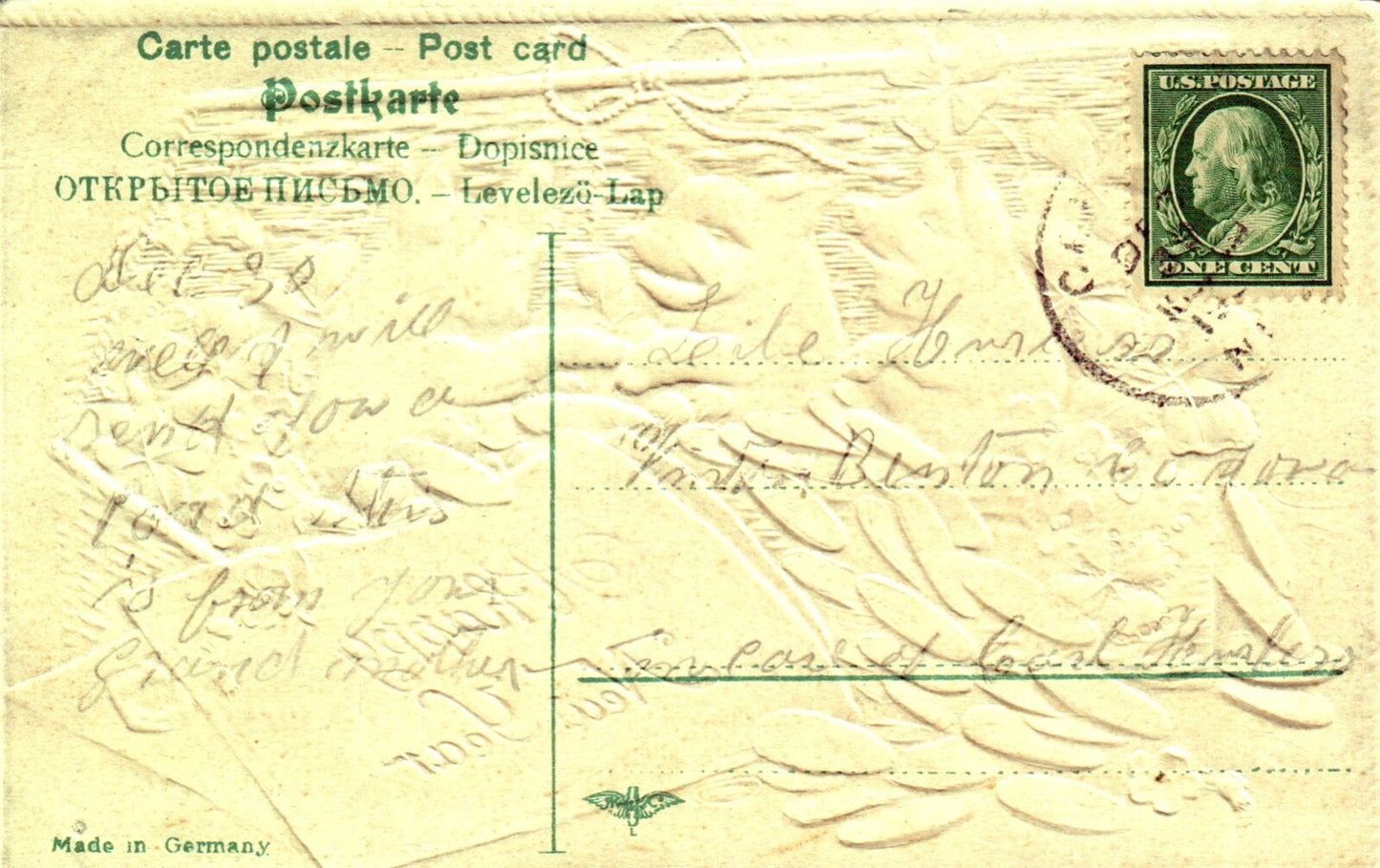 Gold Gilt Pigs with Gold Coins & Four Leaf Clovers Vintage Pig Postcard