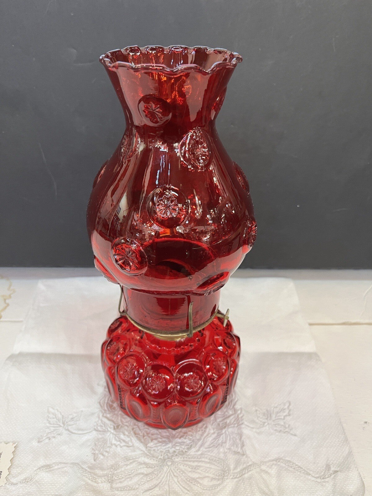 LE Smith Moon and Star Ruby Red Glass Oil Lamp