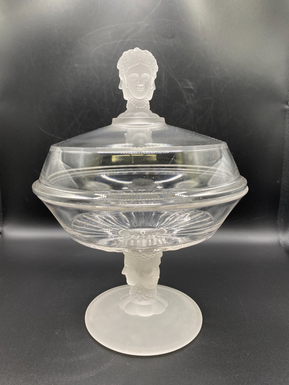 EAPG DUNCAN THREE FACES ENGRAVED CLEAR & Frosted GLASS MILLER COMPOTE Lid Heads