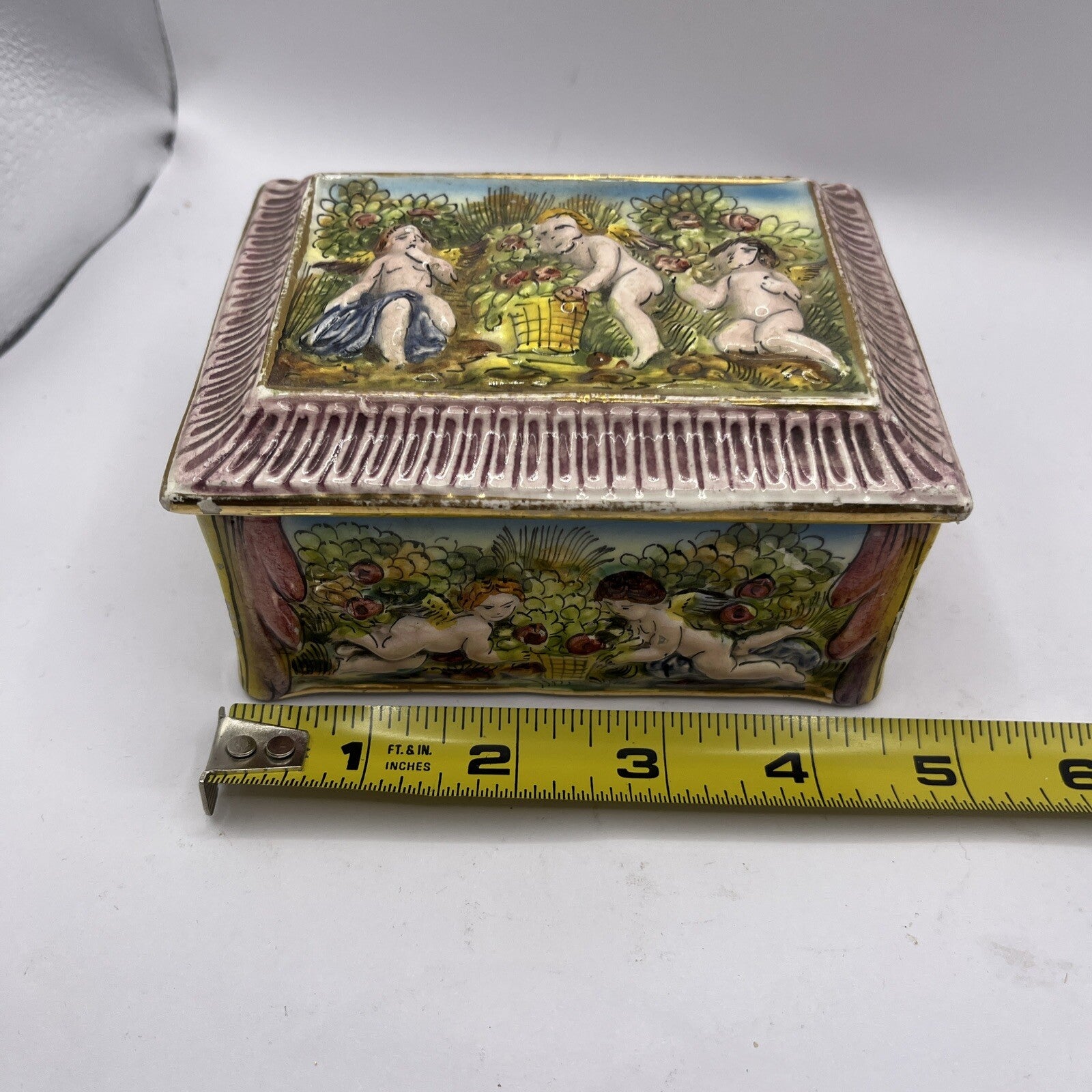 Vintage Capodimonte Porcelain Lidded Trinket Dish with High Relief Cherubs