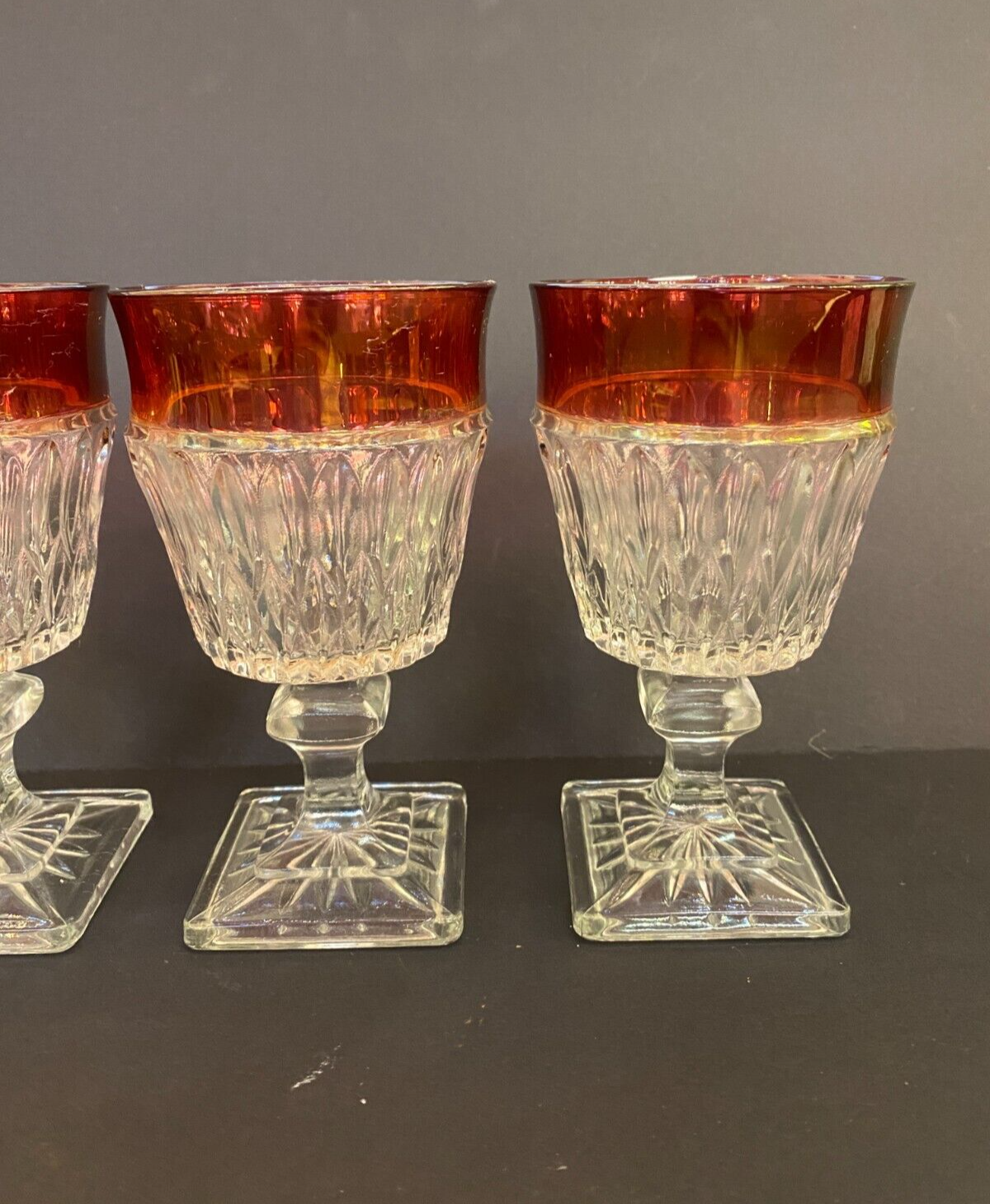 Vintage  Ruby Red Rimmed Set Of 4 Goblet Clear Cut Glass Square Base