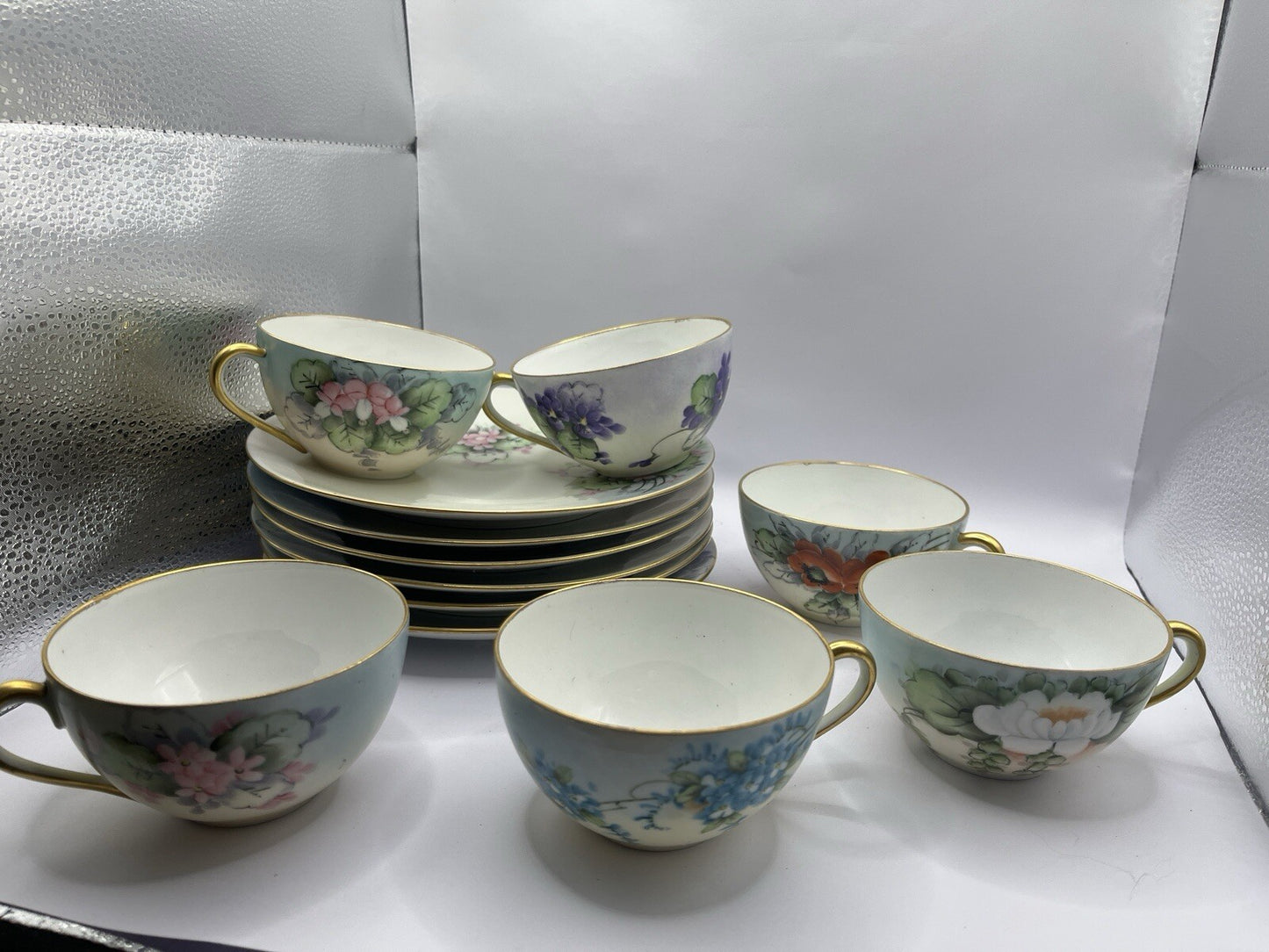 Vintage 6 Nippon 2 Piece Set Sandwich Plate & Cup W/Gold Trim And Flowers