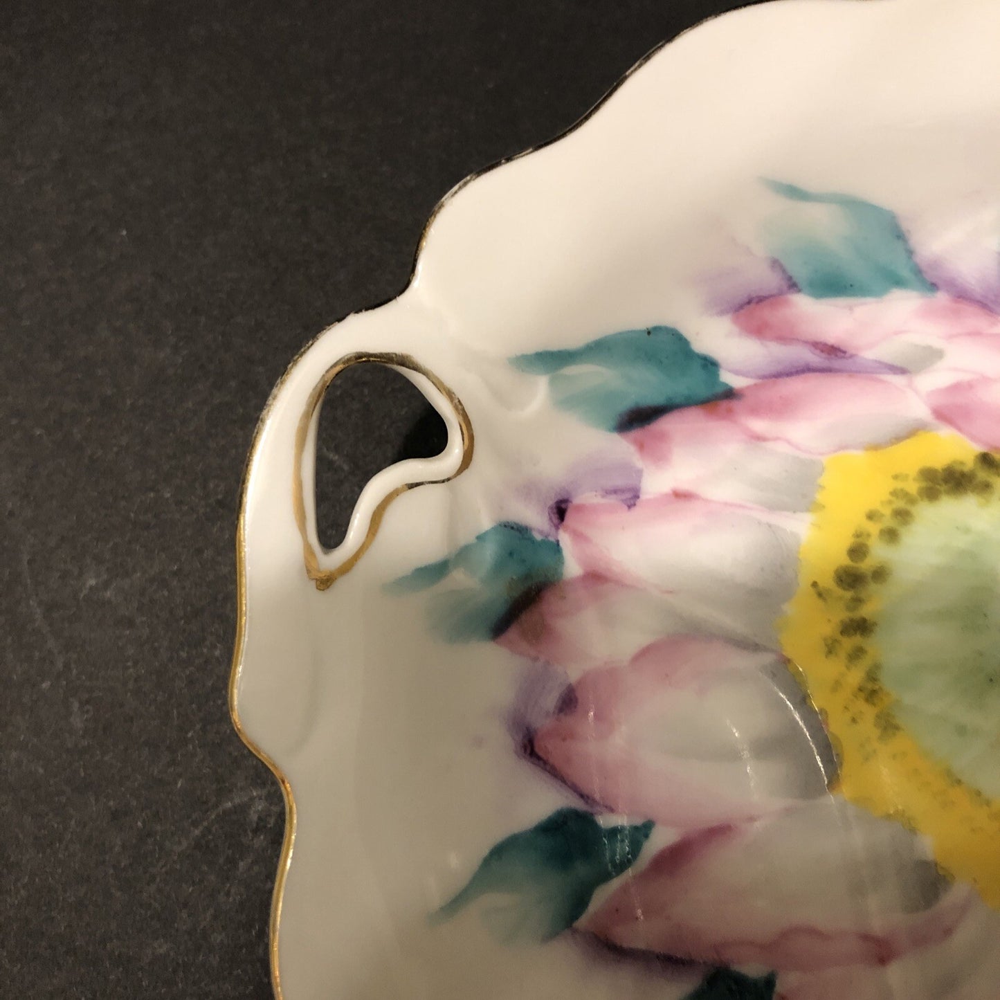 Trimont Trinket Dish 4" x 5” Hand Painted China Leaf Shape Floral Gold Trim