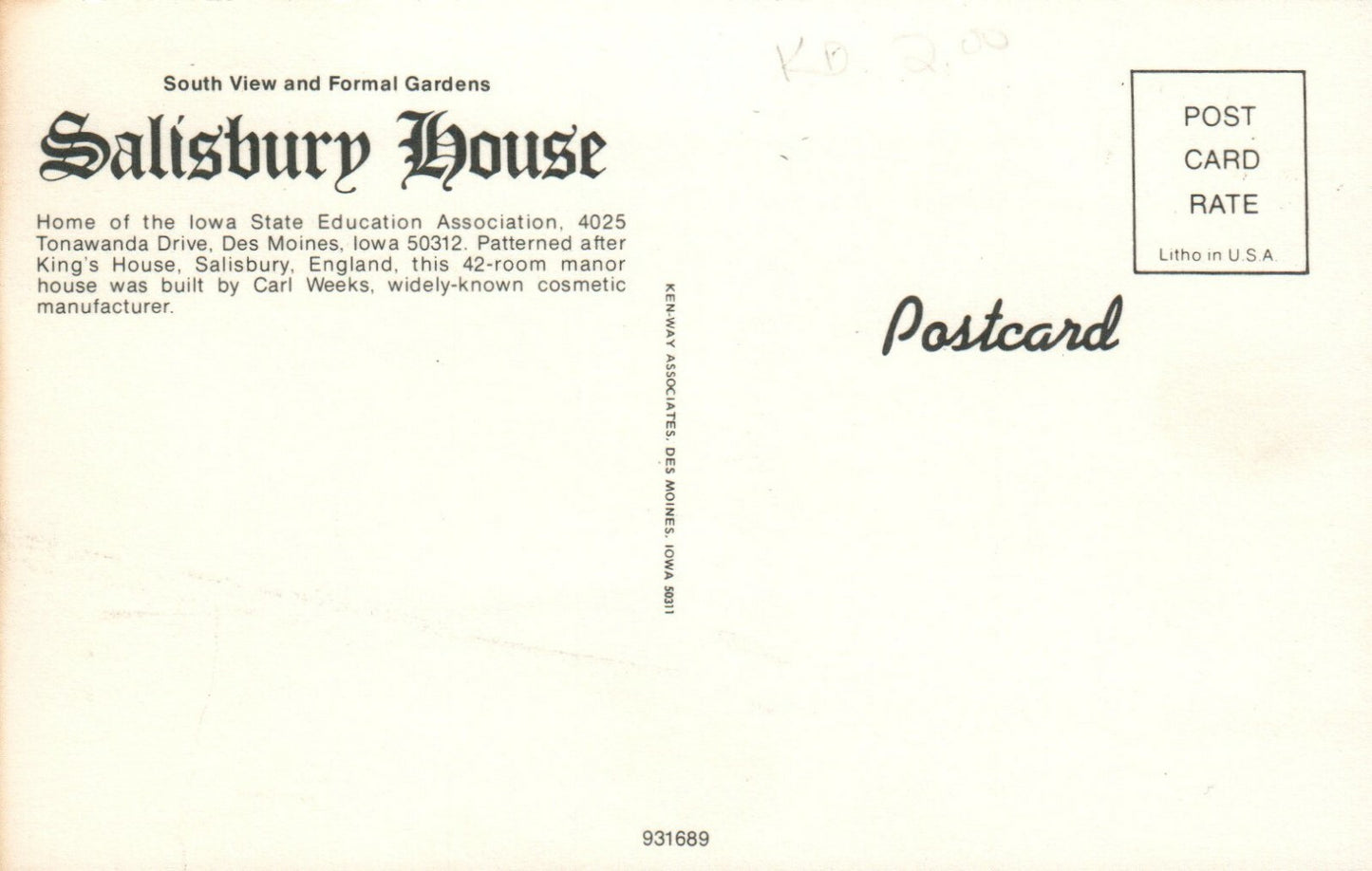 Formal Gardens Salisbury House Restaurant Des Moines Iowa IA Postcard