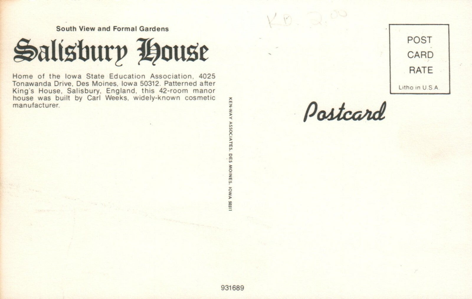 Formal Gardens Salisbury House Restaurant Des Moines Iowa IA Postcard