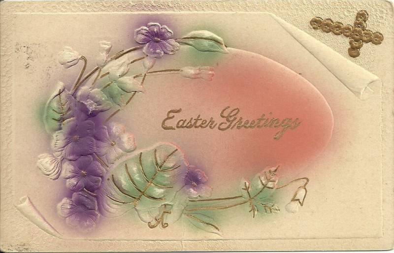 Heavy Embossed Pink Egg Easter Greeting Postcard