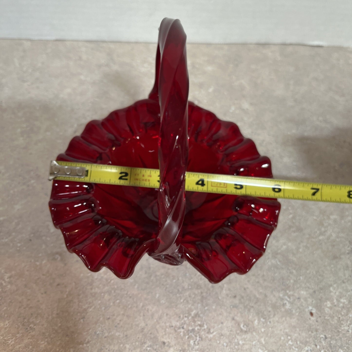 Vintage Fenton Ruby Red Smooth Glass Basket Ruffled Edges Twisted Handle