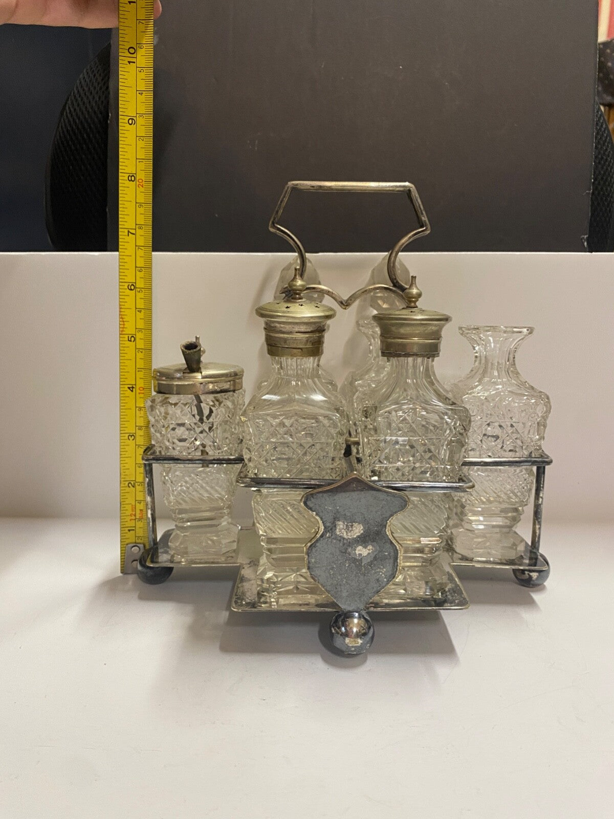Antique 1900's Silver Plated Cruet 6 Piece Set & Carrier Salt Pepper Sugar &More