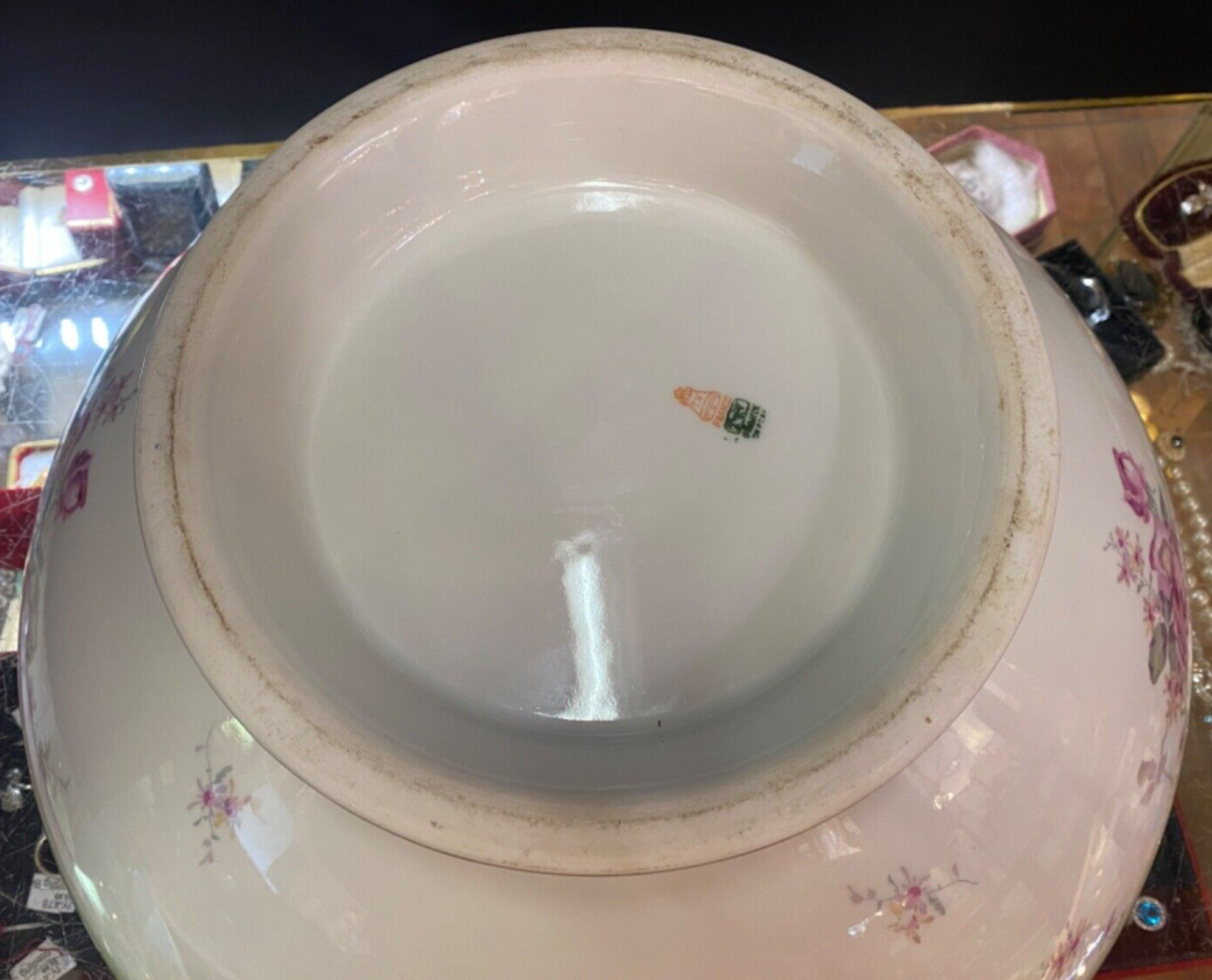 T & V Limoges  France 14" Punch Bowl Floral with green and gold