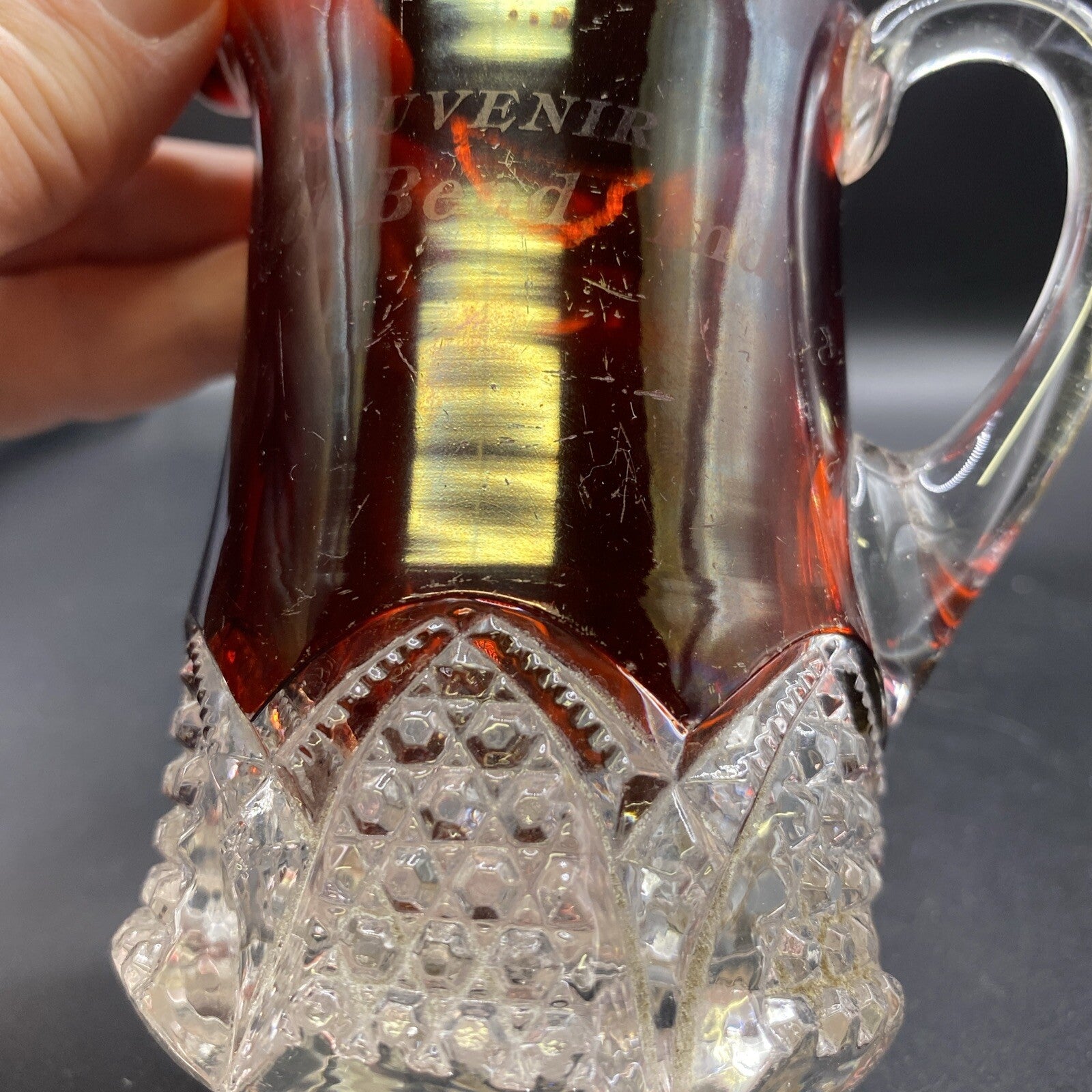Vintage Ruby Red Flash Glass Souvenir Pitcher South Bend Indiana IN