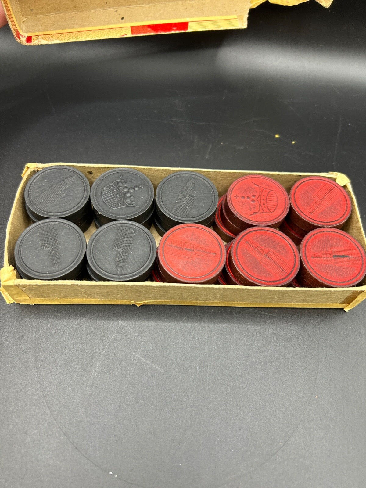 40's Halsam Wooden Checker Pieces Empire State Crowns Set Of 30 Red black Wood