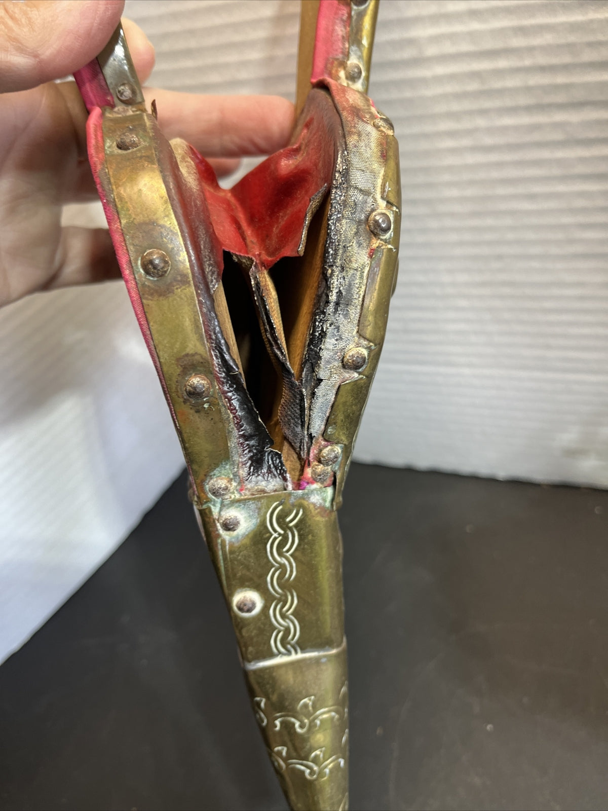 Antique French Handmade Repousse Brass Wood Fireplace Bellow