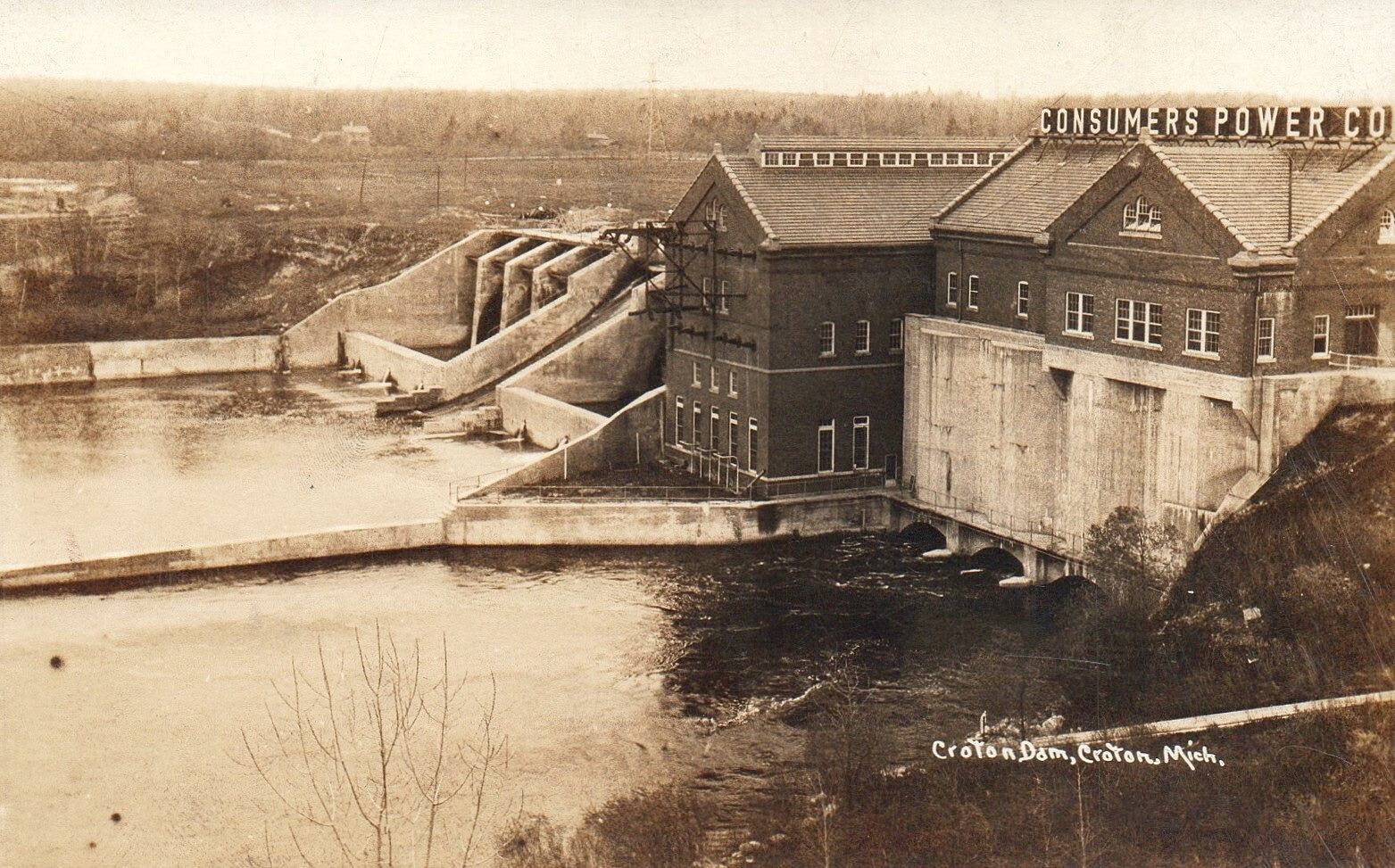 Consumers Power Co Real Photo of the Croton Dam in Croton Mich Michigan Postcard
