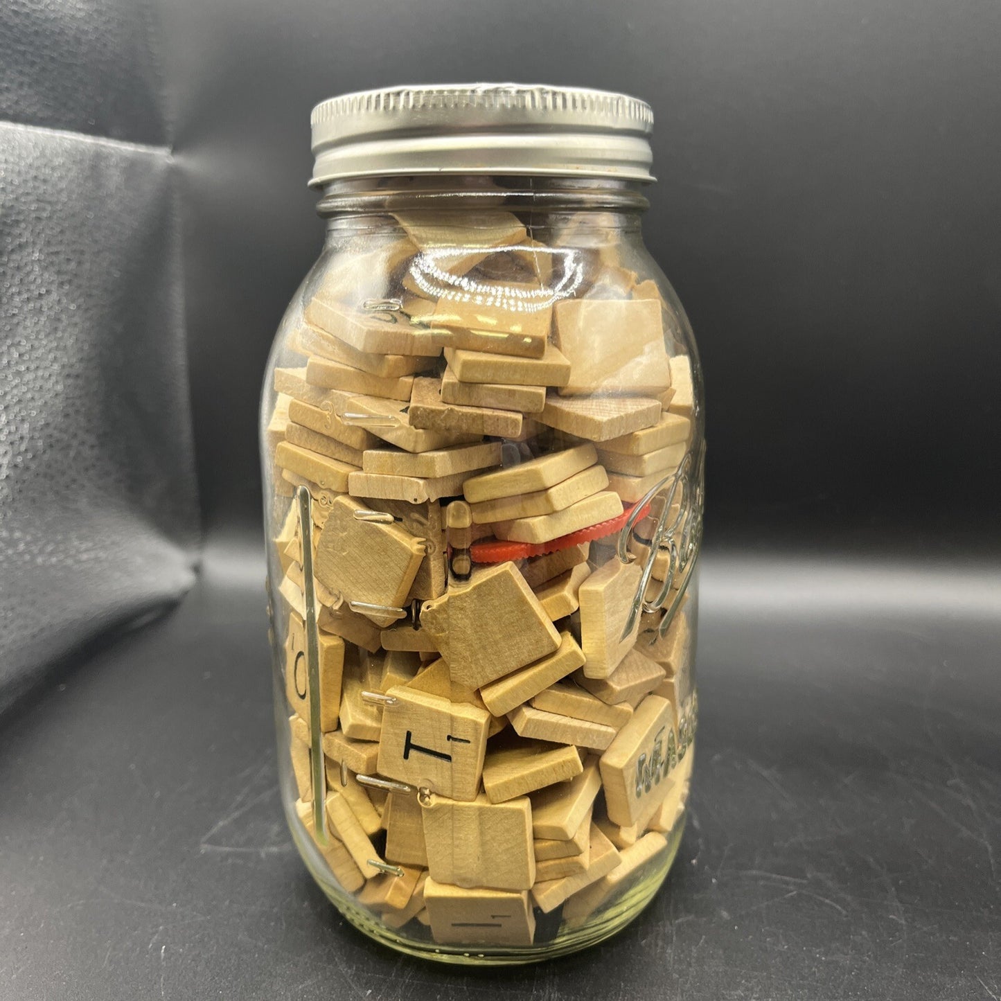 Filled Ball Mason Jar Scrabble Tiles Wooden Letters w Ribbon - Country Decor