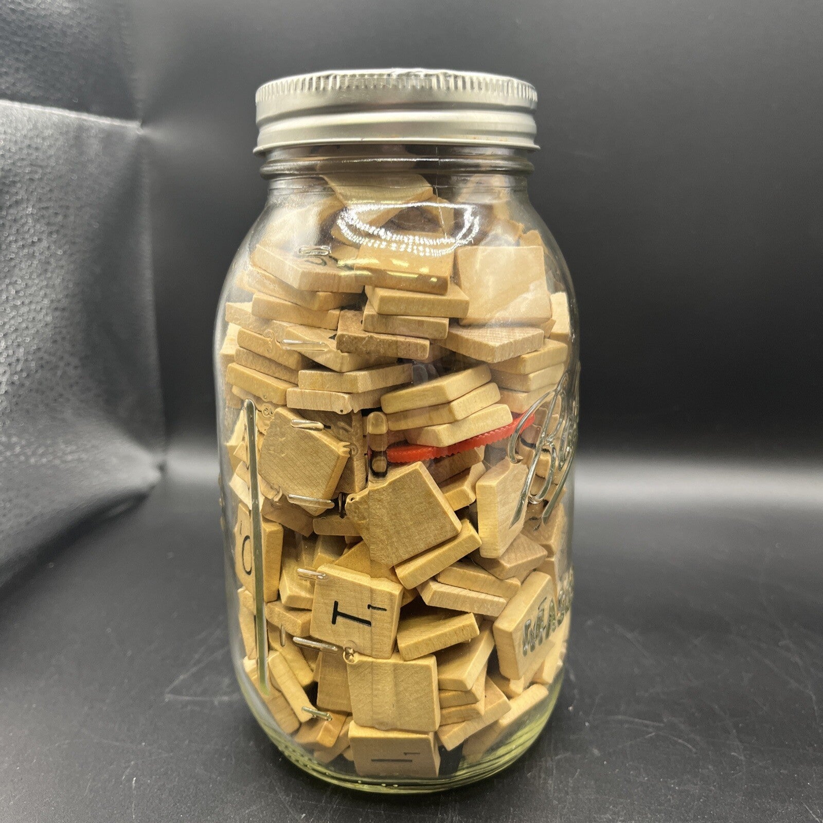 Filled Ball Mason Jar Scrabble Tiles Wooden Letters w Ribbon - Country Decor