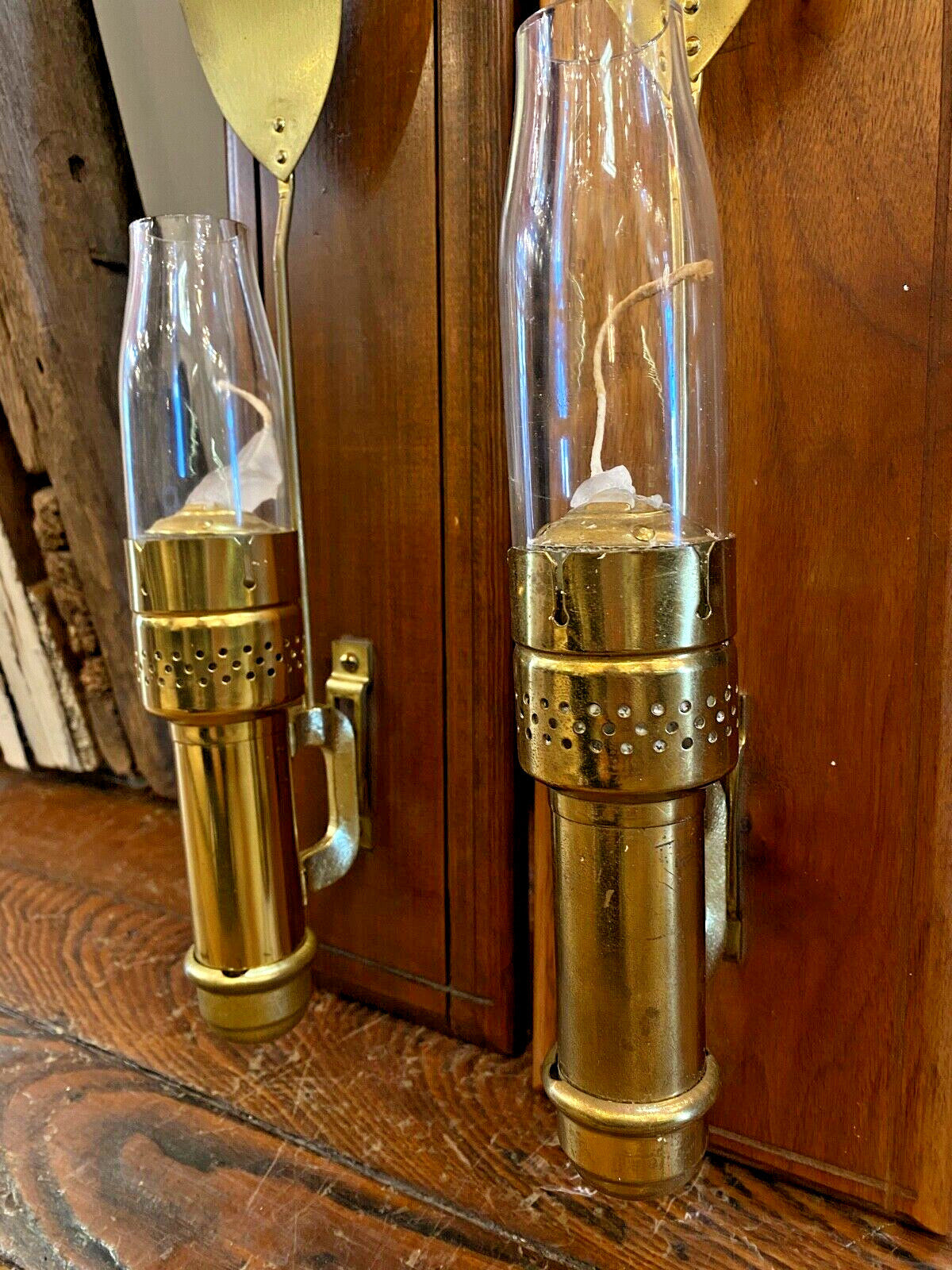 Pair of Brass Railroad Caboose Wall Sconce Lamp With Rowing Ore glass chimney