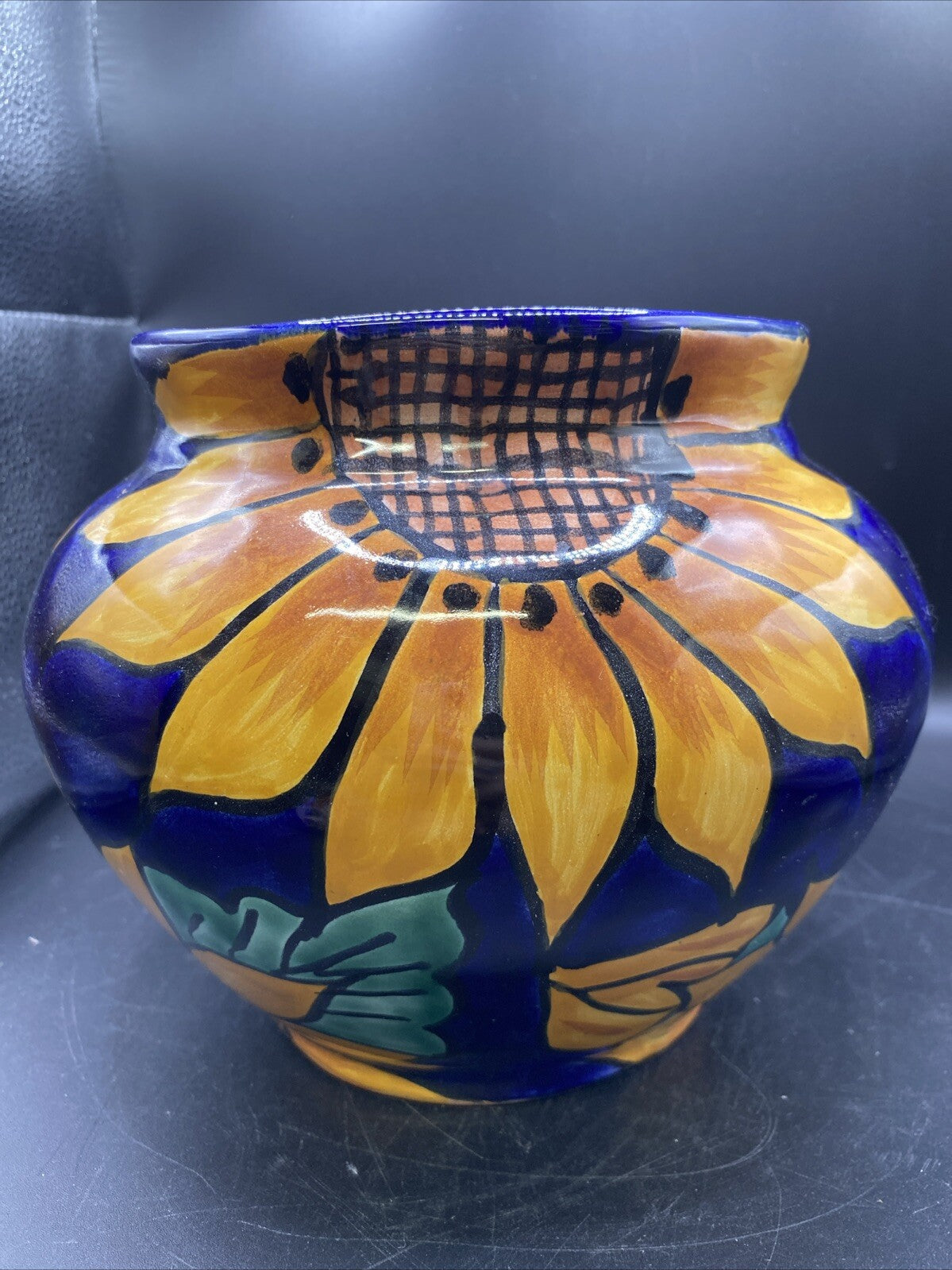 VTG 7" tall Terracotta Pottery Planter Vase Mexican Talavera 1980's Sunflower
