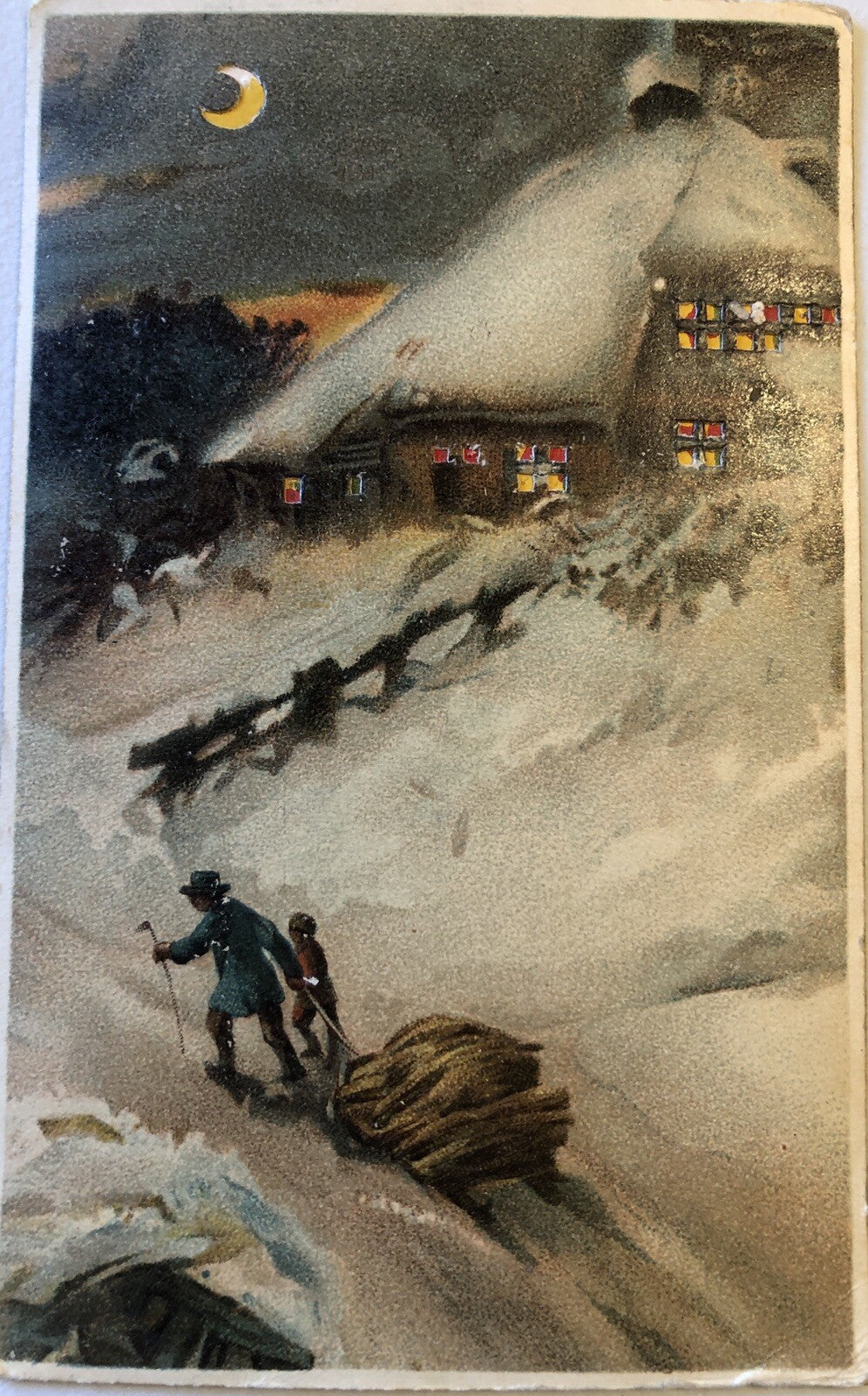 Hold to the Light Man and Child Pull Sled Toward House New Year Postcard