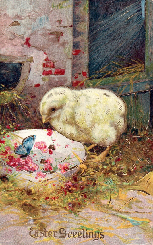 Easter Greetings Gold Gilt Chick with Butterfly in Barn Vintage Easter Postcard