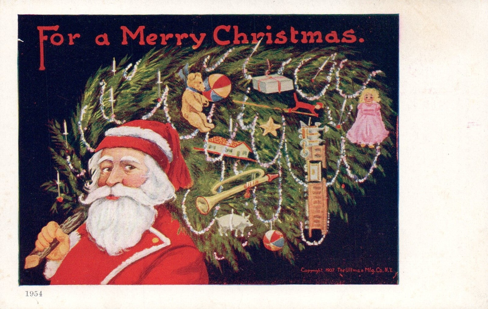 For a Merry Christmas Santa Claus Carrying Decorated Tree Vtg Santa Postcard