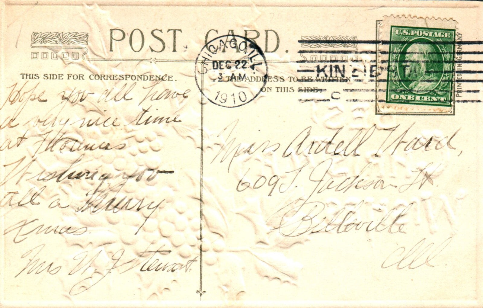 John Winsch With Best Christmas Wishes Bough of Holly Embossed Vintage Postcard