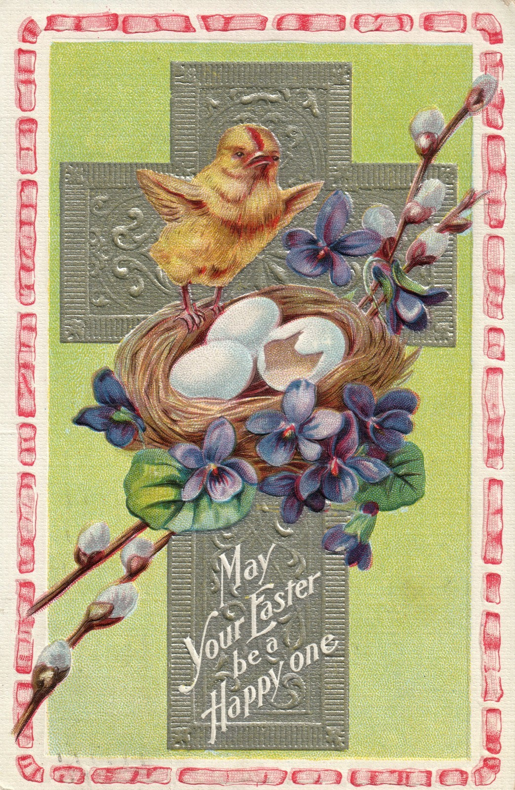 Embossed Silver Metallic Cross Chick and Broken Egg Easter Greetings Postcard