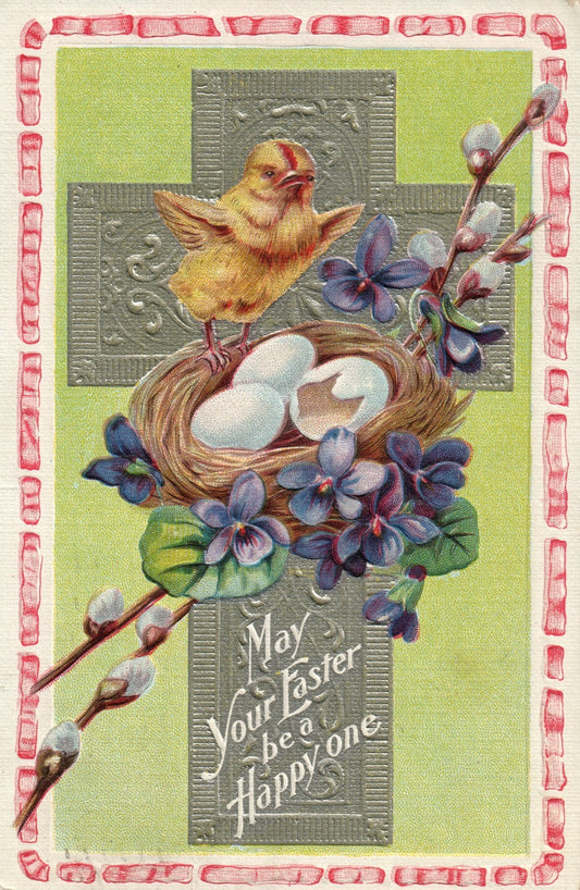 Embossed Silver Metallic Cross Chick and Broken Egg Easter Greetings Postcard