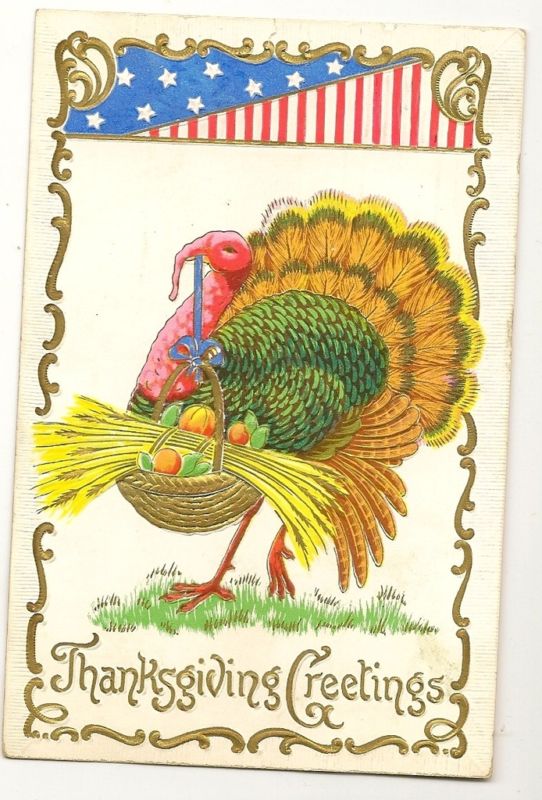 Turkey Carrying Basket of Wheat Gold Gilt Thanksgiving Greetings Patriotic