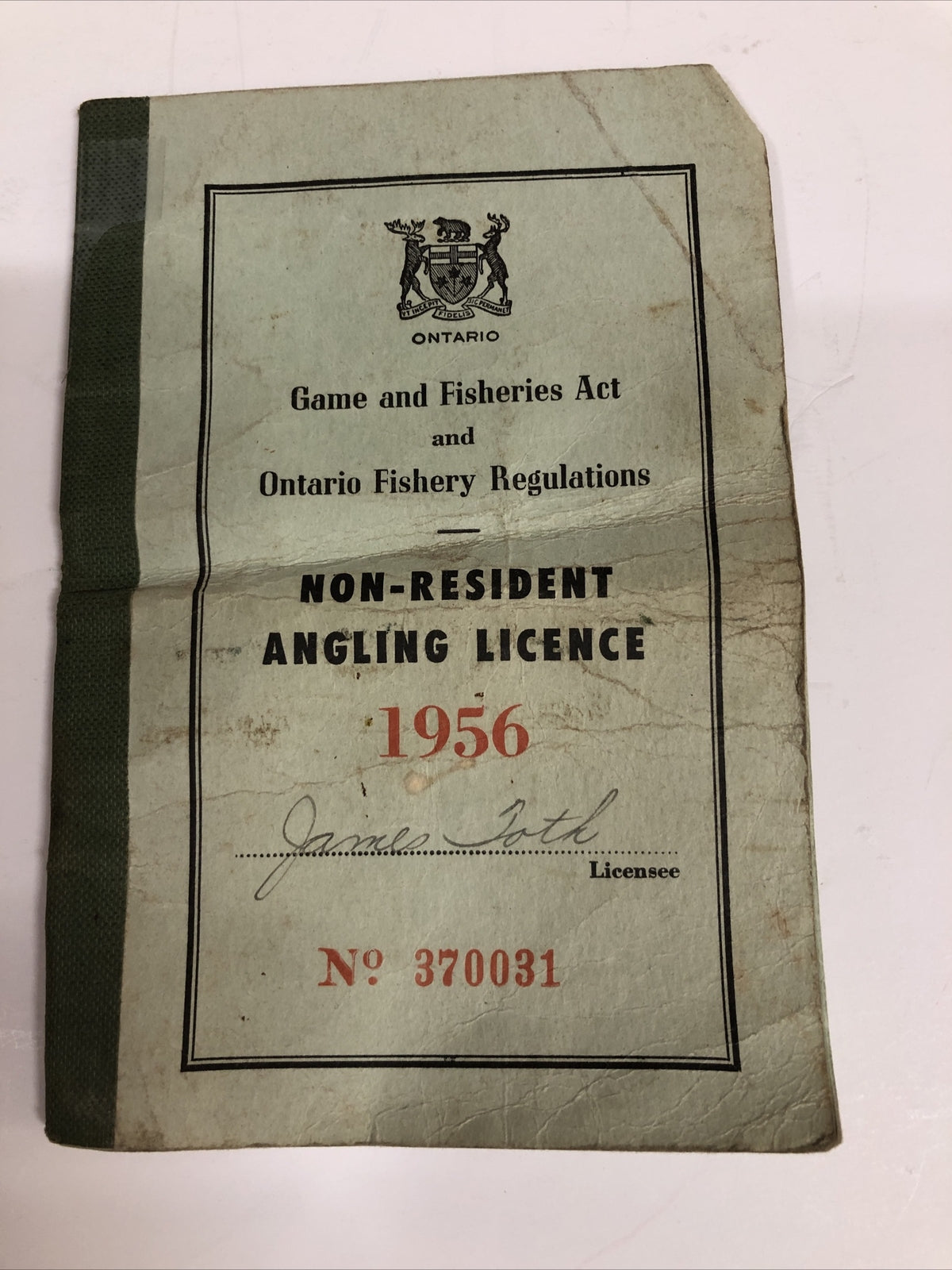 Vintage 1956 Ontario Non Resident Angling Fishing License Booklet