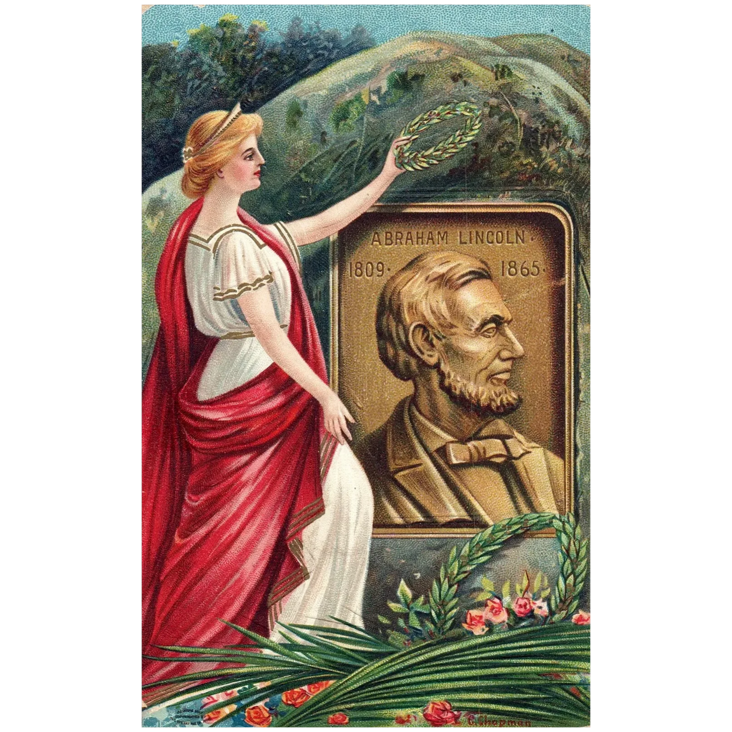 Abraham Lincoln Grave Woman Laying Flowers Vintage Patriotic Postcard
