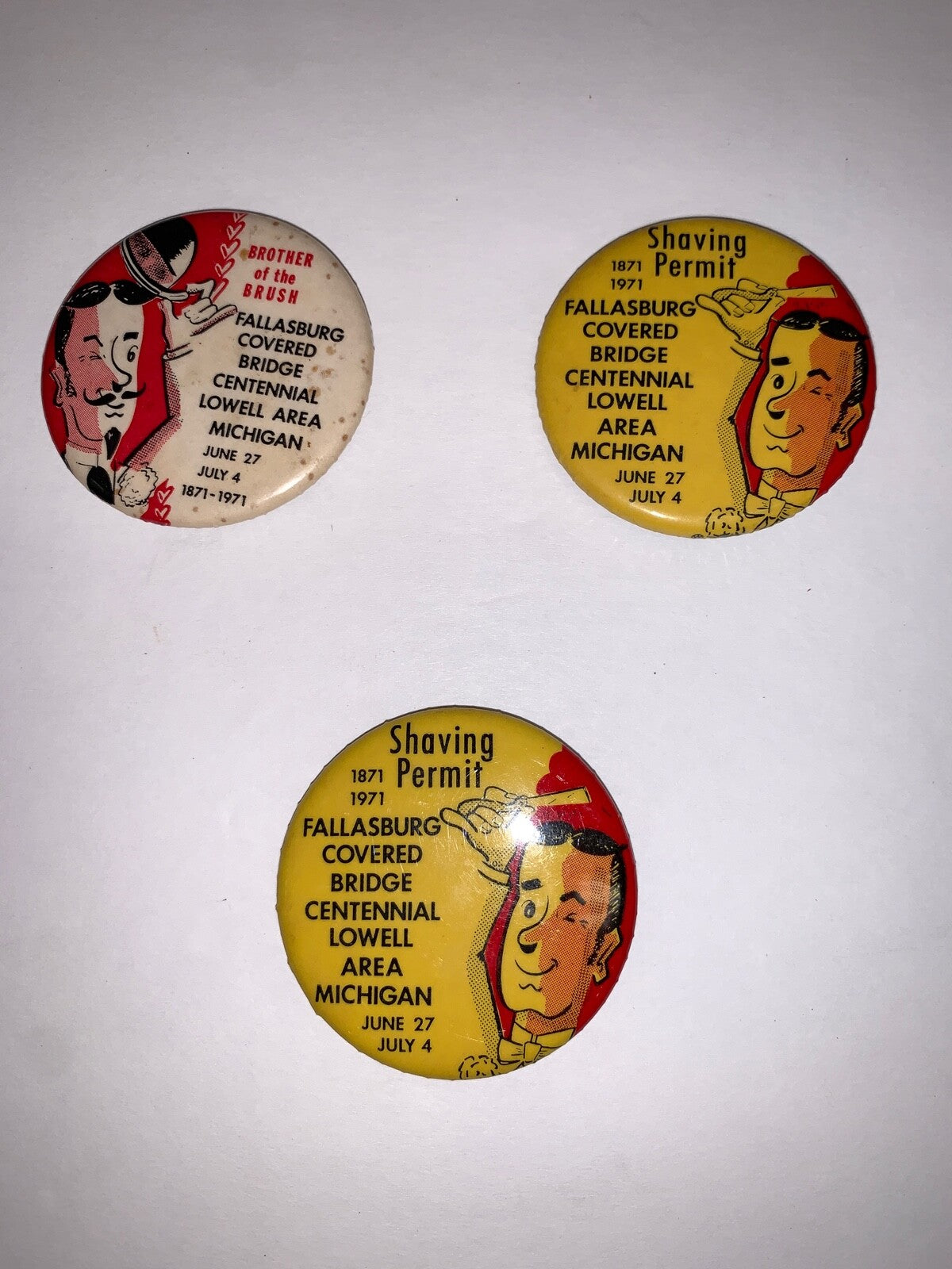 Lot of 3 Lowell, MI Fallasburg Covered Bridge Centennial Shaving Permit Pinback