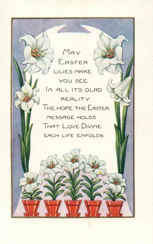 Embossed Easter Poem Tall White flowers  Easter Wishes Postcard