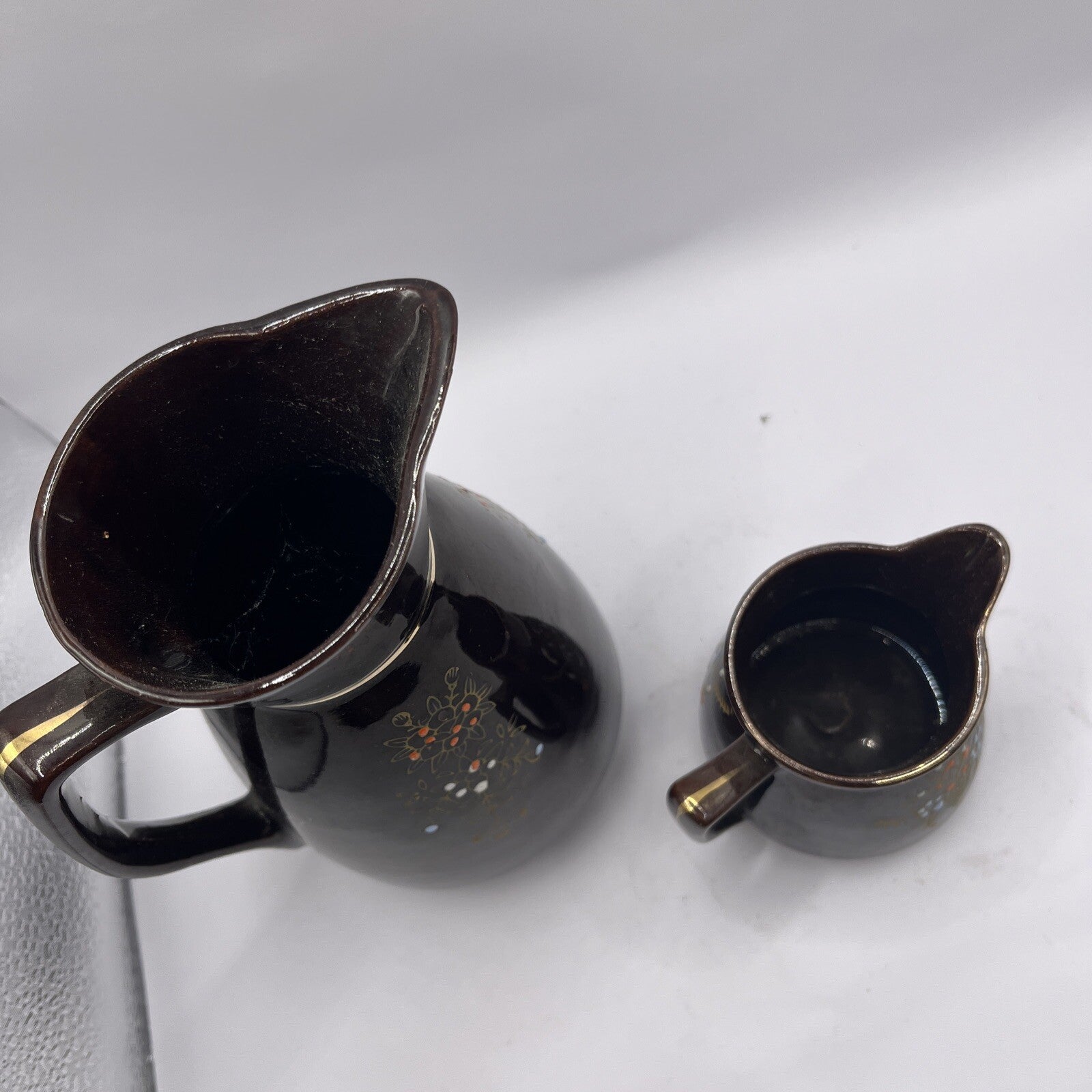 Vintage Brown Betty Pitcher & Creamer hand painted gold gilded Redware Moorage