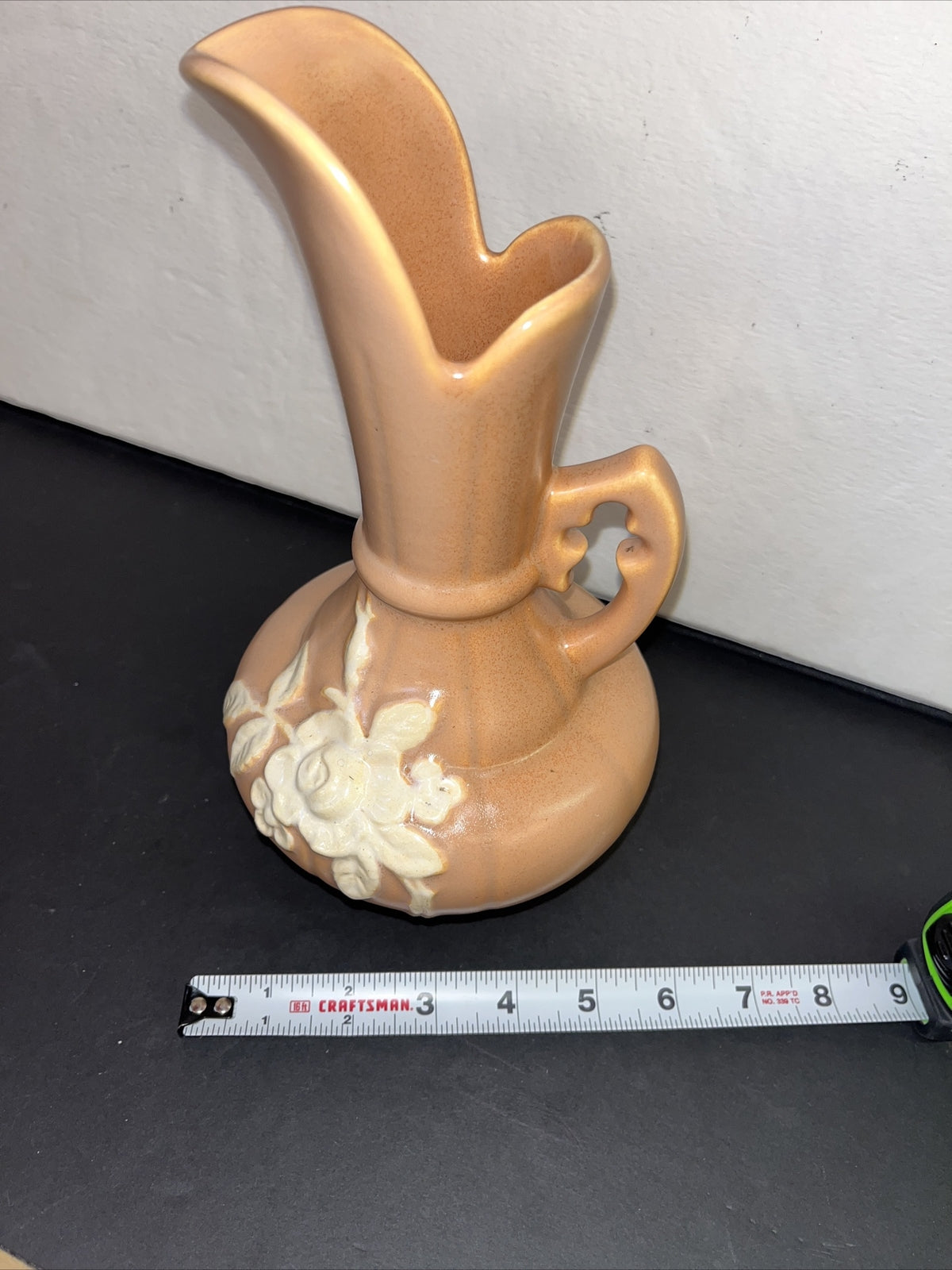 Weller Pottery Art Deco Peach Pitcher/Vase, White Rose Pattern w/handle 1930's 