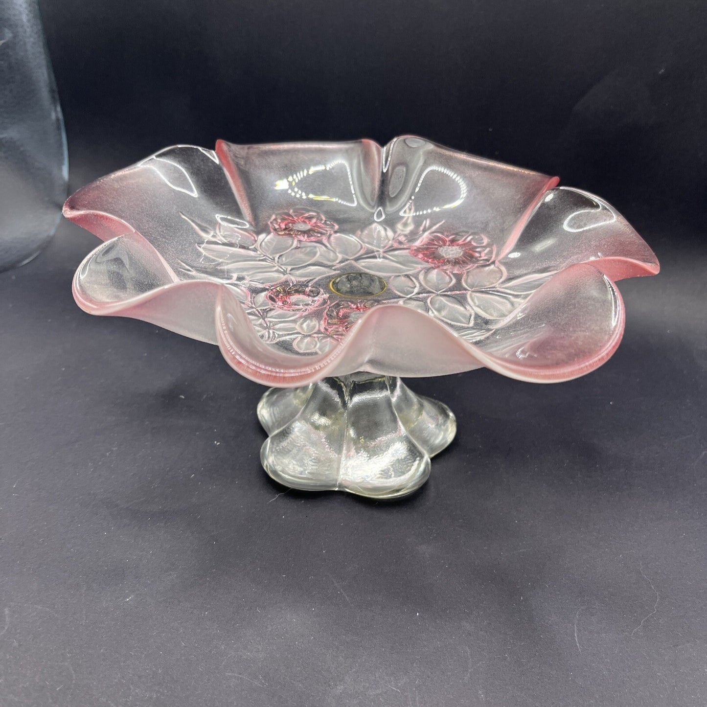 Glass Footed Candy Dish - 2 Tone Pink and Clear, Flowers Leaves Hummingbirds 8”