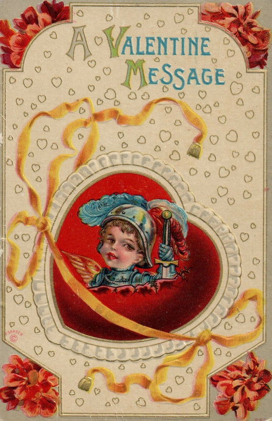 P Sander Gold Metallic Cupid Dressed In Armor and Sword Valentine Postcard