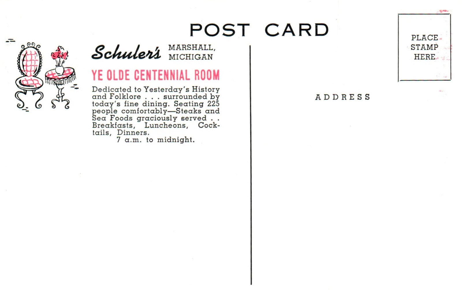 Schuler's Ye Old Centennial Room in Marshall MI Michigan Postcard
