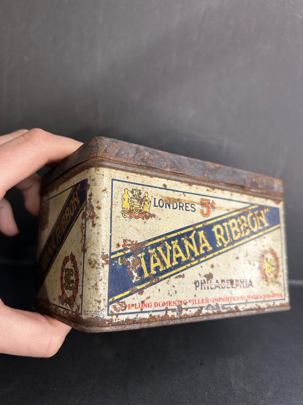 VTG Londres Havana Ribbon Tobacco Tin Ribbon Cigar Metal Box Philadelphia