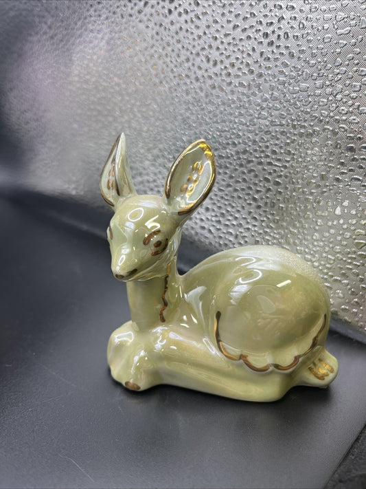 Vintage Cream and Gold Iridescent Ceramic Fawn Deer Figurine Gold Trim