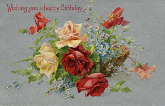  Embossed Happy Birthday Yellow Red Roses Floral Flowers Postcard 