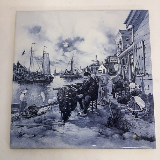 Royal MOSA Holland Vintage Tile Delft Fisherman Mends Net Sailboats Seagulls