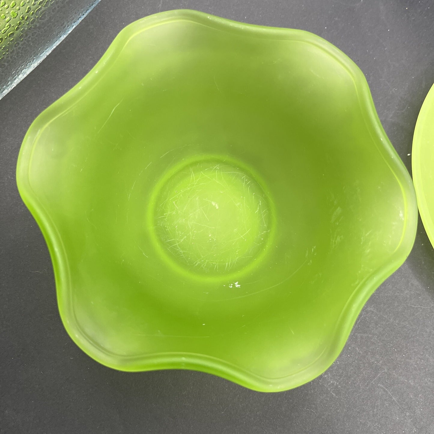 Vintage Green Satin Frosted Depression Glass 5" Bowl & 6" Saucer