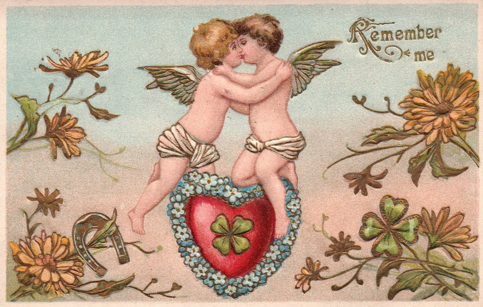 Gold Embossed Angels Kissing with luck Remember Me Valentine Postcard Lady 389