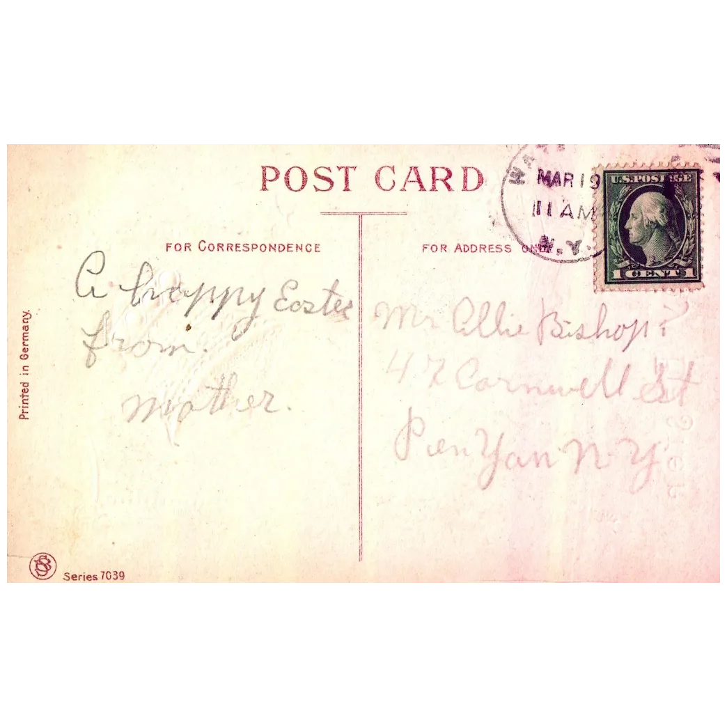 A Happy Easter Rabbit Ringing Bell  Pushing Cart Full of Eggs Easter Postcard