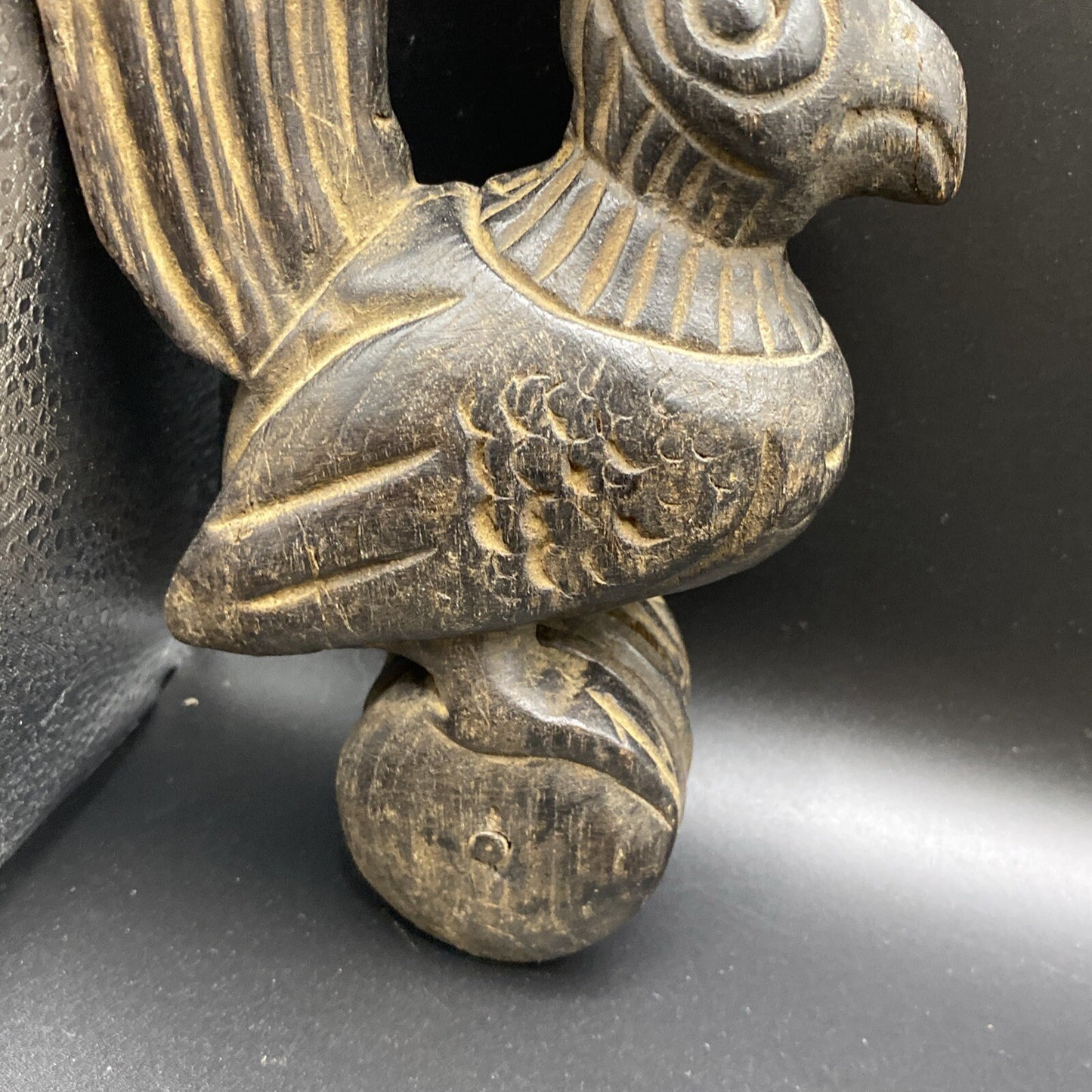 8" Antique Primitive Carved Wood Weaving Loom Pulley  Burmese Burma Bird