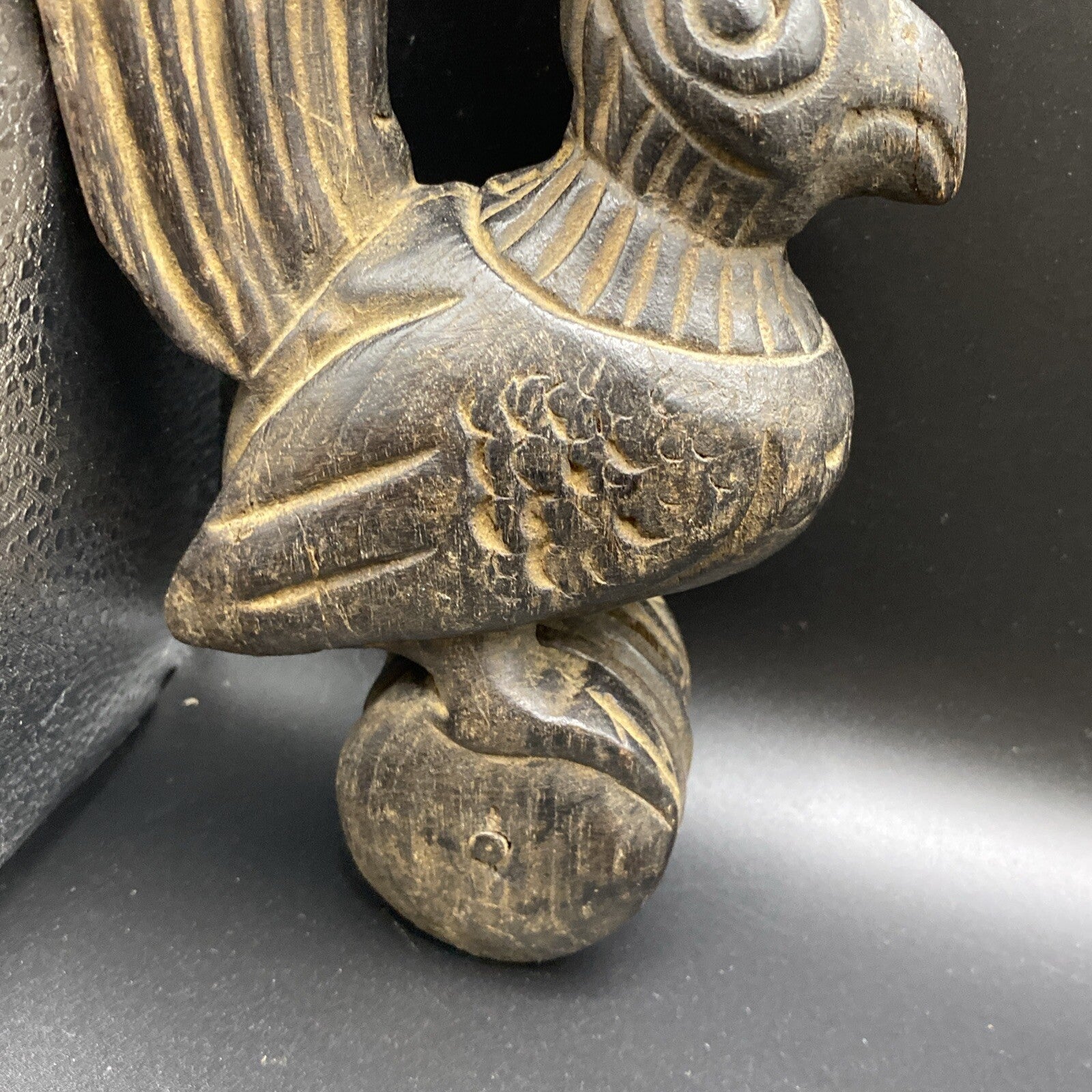 8" Antique Primitive Carved Wood Weaving Loom Pulley  Burmese Burma Bird