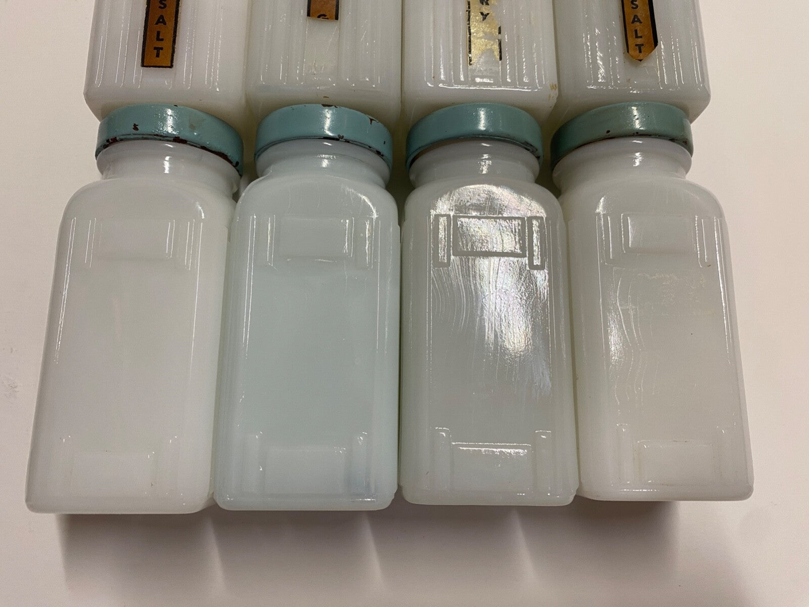 Vintage Griffith's Mid-Century Milk Glass Spice Jar Set of 8 Sage Blue/Green Lid