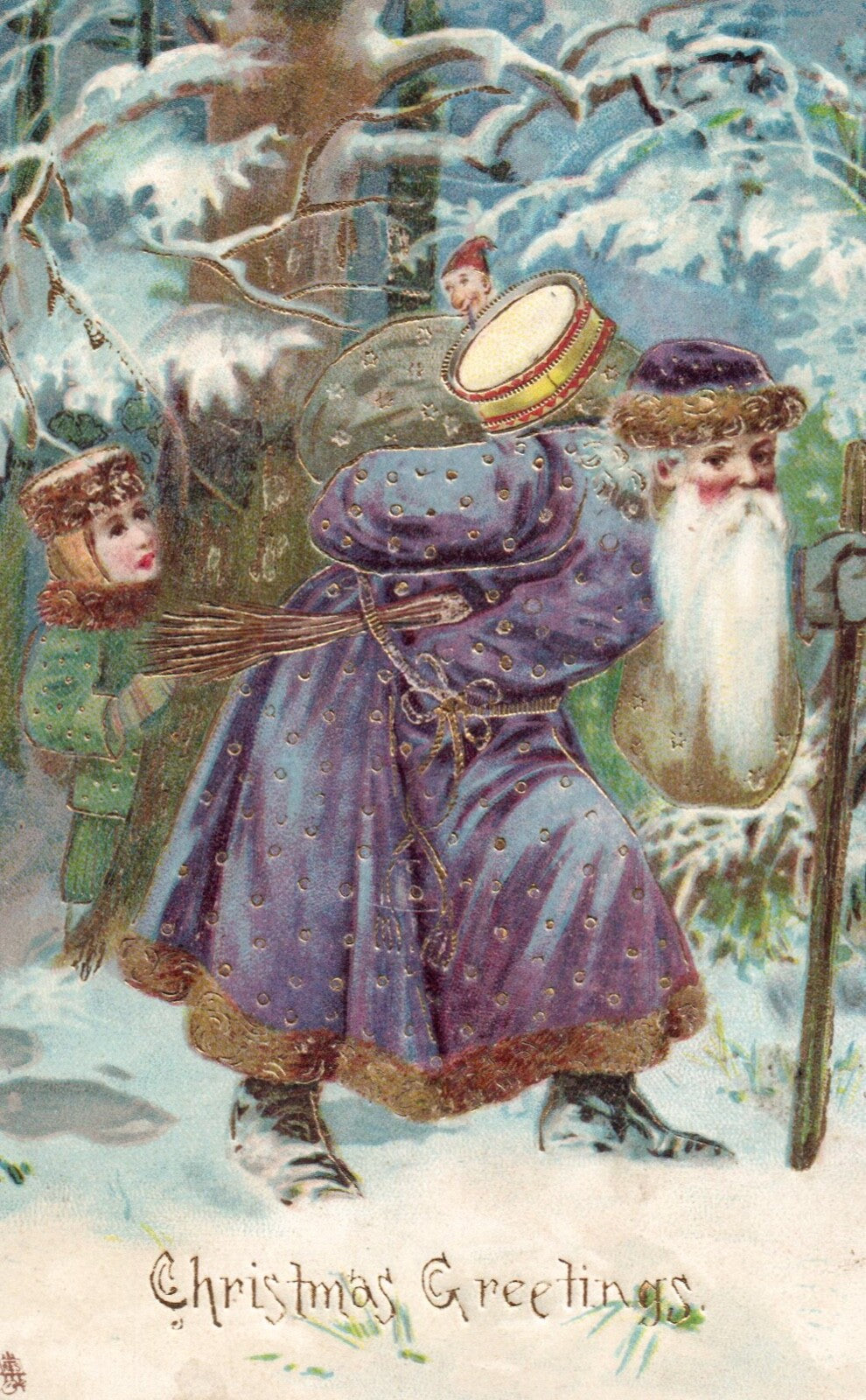 Purple Robe Santa Gold Gilt Christmas Greetings Vintage Santa Postcard